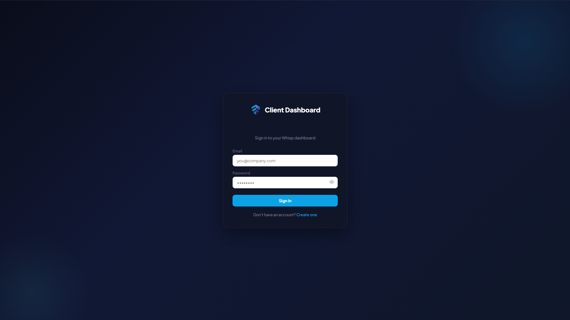 Whisp client dashboard sign-up screen