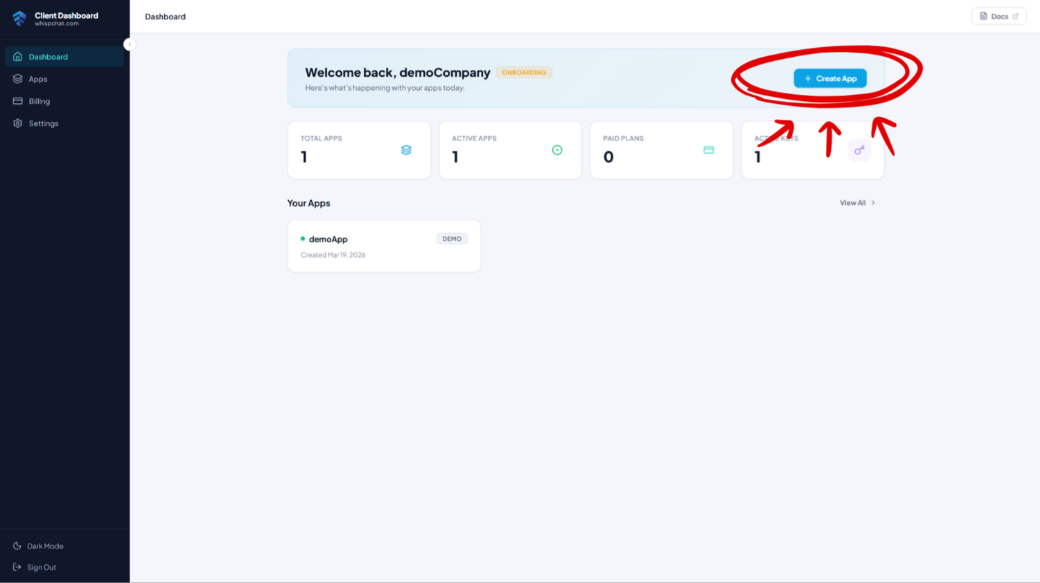 Dashboard home with the Create app button highlighted