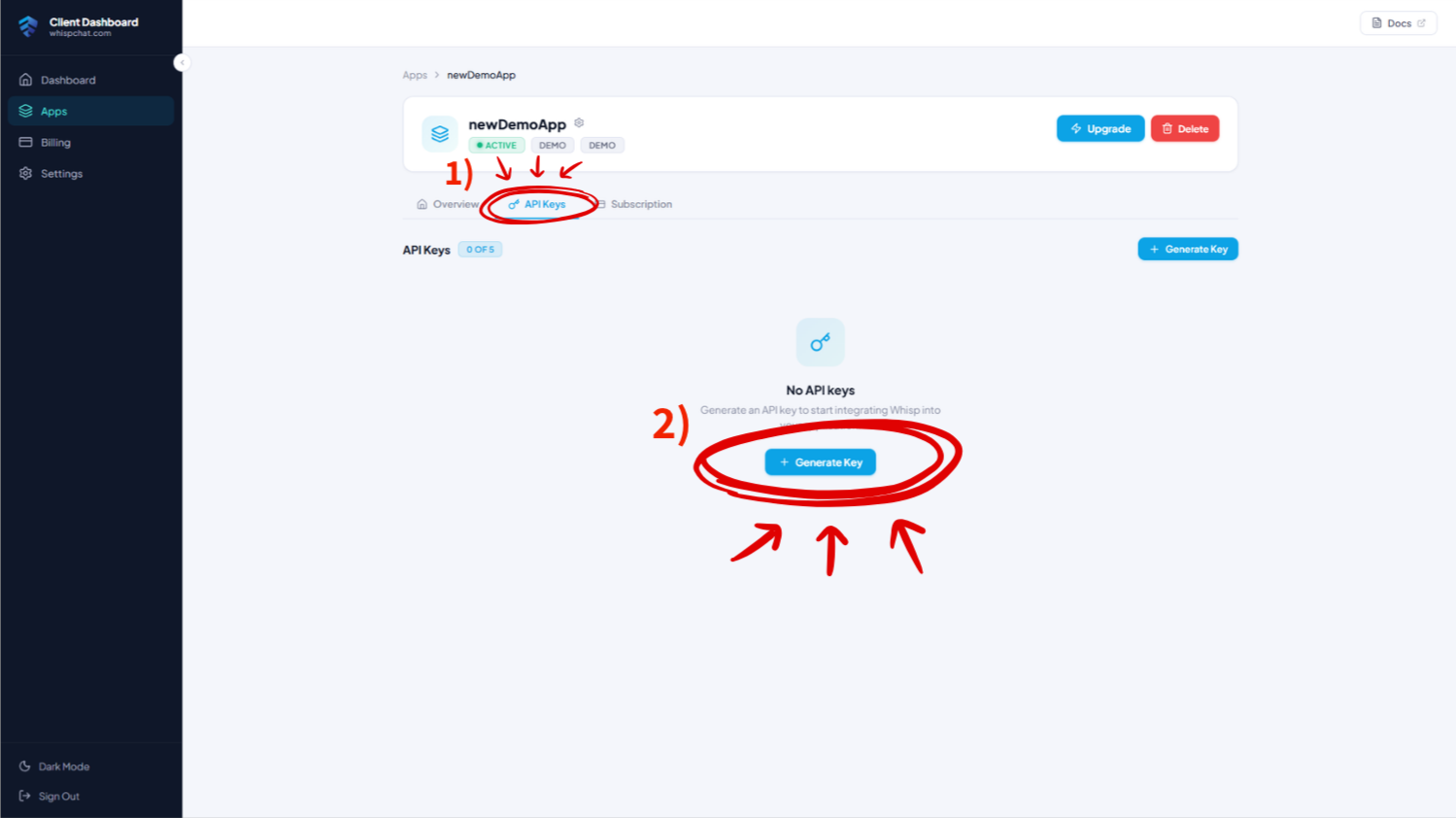App detail view showing the API Keys tab