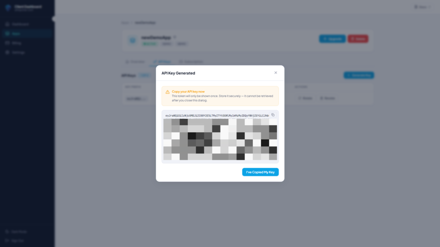 API key generation dialog showing the secret key